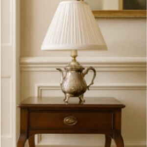 Elegant Silver Teapot Lamp with White Shade